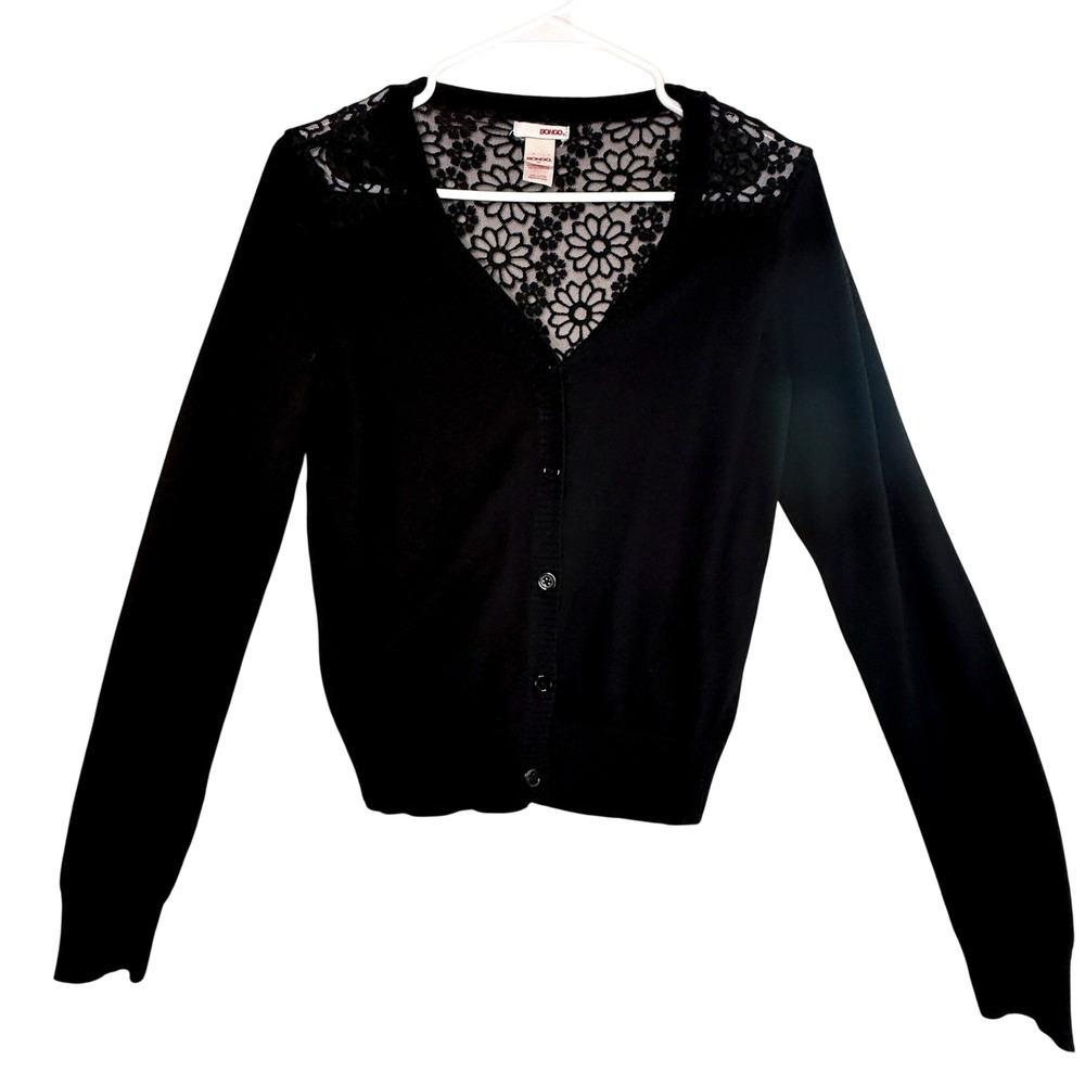 Bongo Black Lace Back Cardigan Sweater Size M Gothic Romantic Y2K